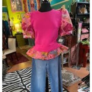 NWT Lida Kate Floral Puff Sleeve Top Pink Peplum Blouse - Large (Med)